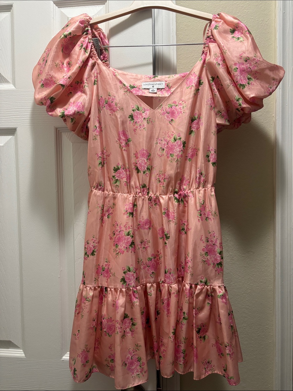 LoveShackFancy Pink Floral Puff-Sleeve Tiered Dress